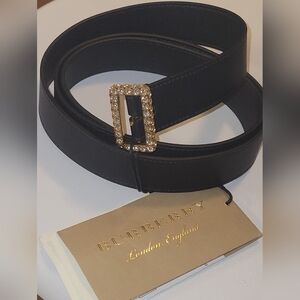 Burberry Black Leather Crystal-Trim Trench Buckle Belt (MEDIUM)